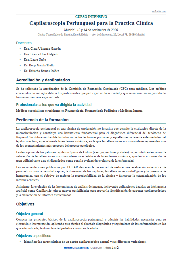 Programa Curso Capilaroscopia Periungueal esaludate 2026